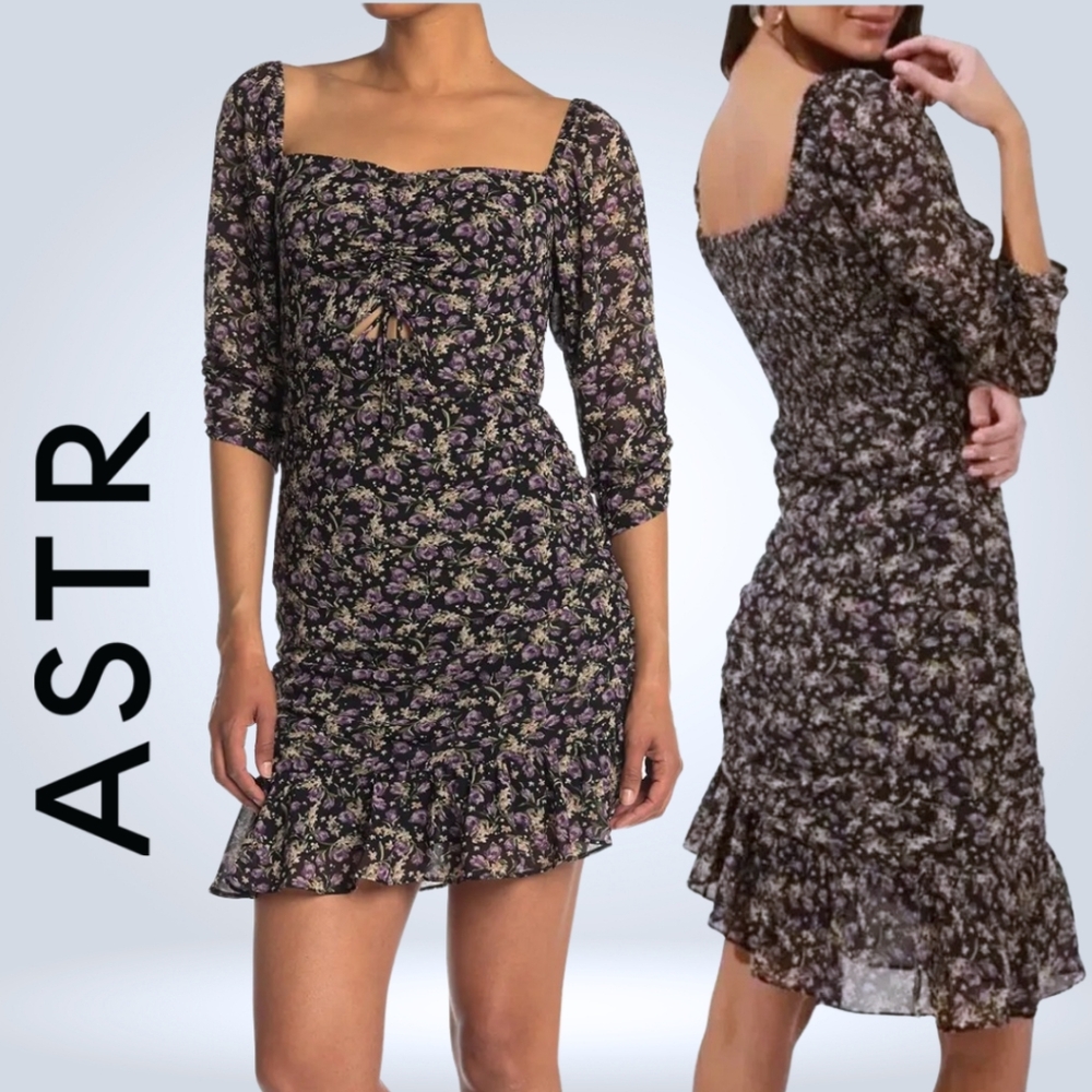 ASTR Purple Floral Mesh Mini Dress Cutout Sweetheart Ruffle Hi Low Hem Size XS
